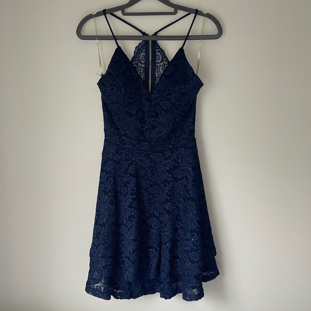 Sparkly Navy Blue Lace Skater Dress
